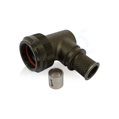 Polamco, 91H3-13-06-1-ZB-HE100, 90° Backshell, Aluminium Alloy, Shell Size 13, Entry Size 06, Zinc Cobalt Olive Drab over Electroless Nickel, with spring.