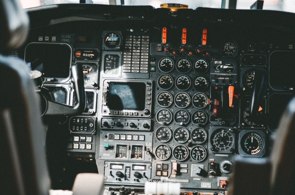 Aircraft cockpit with gauges and controls