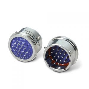 Detoronics DFC series circular connectors with a silver finish. One connector shows a blue, labeled pin insert; the other, a red insert with the same pins.