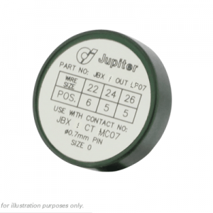 A green circular JBXEC Series Eaton Souriau Jupiter JBX/OUT LP07 locator for a crimp tool. It shows a table listing wire sizes and corresponding positions.
