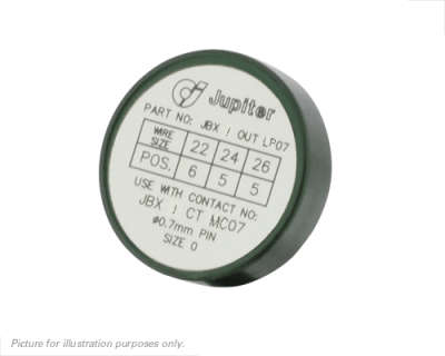 A green circular JBXEC Series Eaton Souriau Jupiter JBX/OUT LP07 locator for a crimp tool. It shows a table listing wire sizes and corresponding positions.