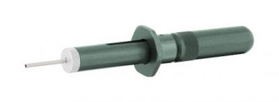 A long, thin, green and silver tool, the Souriau JBXOUTDC09, an extraction tool for 0.9mm contacts from JBX Series connectors.