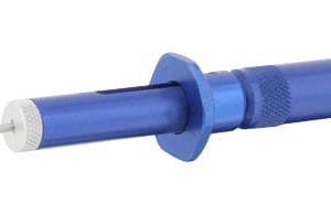 A long, thin, blue and silver tool, the Souriau JBXOUTDC13, used for extracting 1.3mm pins from JBX Series connectors.