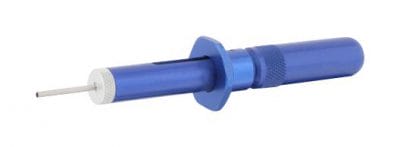 A long, thin, blue and silver tool, the Souriau JBXOUTDC13, used for extracting 1.3mm pins from JBX Series connectors.