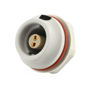 A gray EATON Souriau JMXHH1G02FSUDSU push-pull panel-mount circular connector with two gold-plated female contacts and a red gasket ring