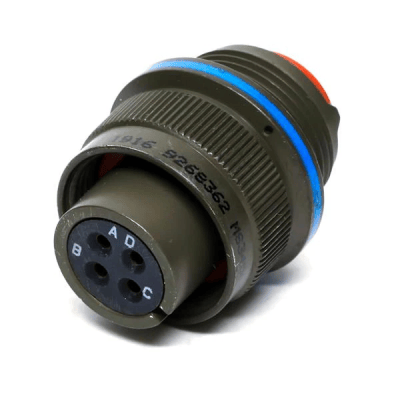 Amphenol Aerospace military-standard connector, MS3456L16S-1P, featuring an olive-drab body. The connector has four recessed sockets labeled A, B, C, and D