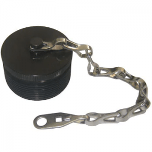 A close-up of a black D/MS25042-28DK dust cap for a size 28 connector plug, featuring a threaded base and an attached metal chain.