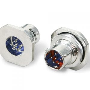 DT07H-8-4PN hermetically sealed Detoronics connectors with jam nut receptacle and shiny metal finish, showing four gold-plated pins and a large threaded section