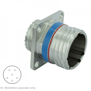 A silver, MIL-DTL-38999 compliant Souriau 8D Series III connector. It has a threaded rear, a flange for panel mounting, and a blue and red band around its body.