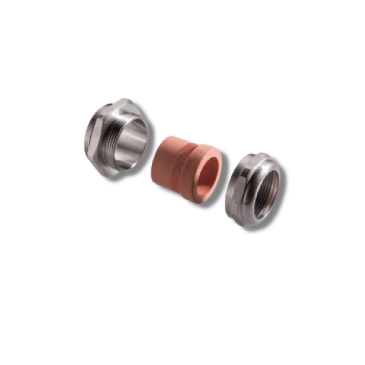 A disassembled PFLITSCH UNI Dicht cable gland. It consists of a gland body and a sealing insert, which can be customized for various cable diameters.