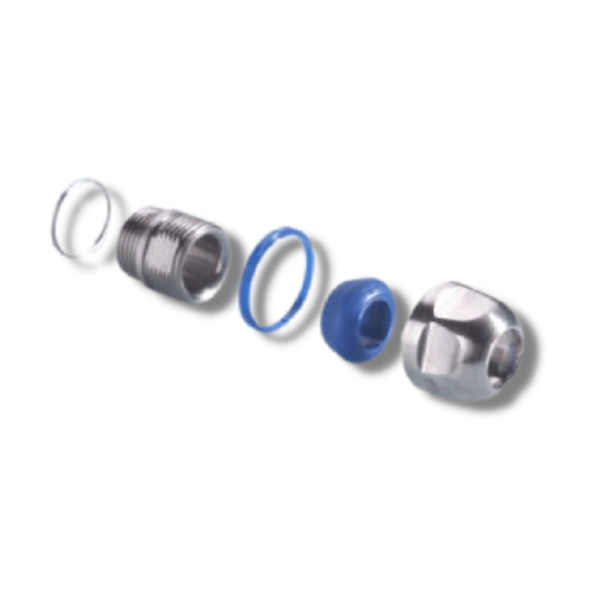 an exploded view of a PFLITSCH BG Clean Plus cable gland, designed for hygienic environments. It features smooth surfaces and rounded edges.