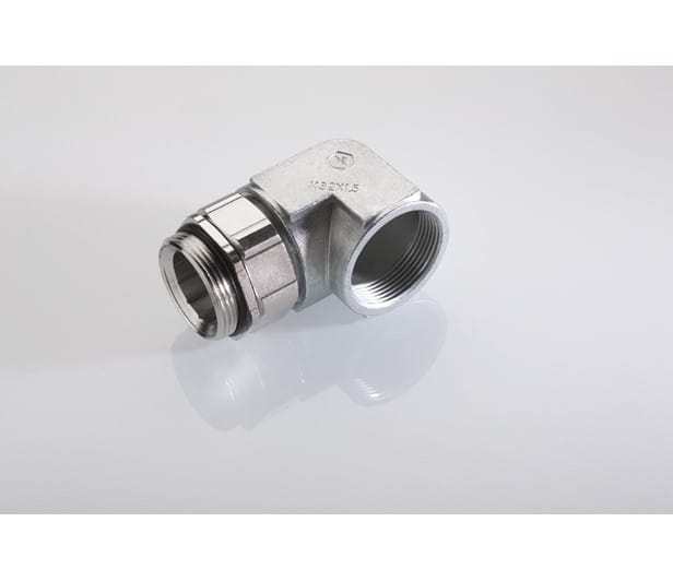 Pflitsch angle with coupling, a type of cable gland used to guide cables into enclosures or control cabinets at a 90-degree angle.