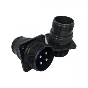 Fujikura, D/MS3100A22-22P, Wall Mounting Receptacle, 4 Pin Contacts, Shell Size 22, Black Trivalent Chromate. Used in Aerospace, Industrial and Welding.