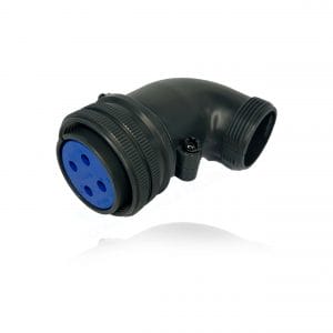 Fujikura, D/MS3108B22-22S, Right Angle Plug, Split Backshell, 4 Socket Contacts, Black Trivalent Chromate. Used in Aerospace, Industrial and Welding.