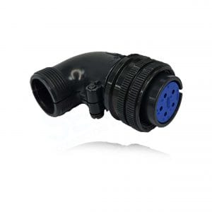 Fujikura, D/MS3108B18-20S, Right Angle Plug, Split Backshell, 5 Socket Contacts, Black Trivalent Chromate. Used in Aerospace, Industrial and Welding.